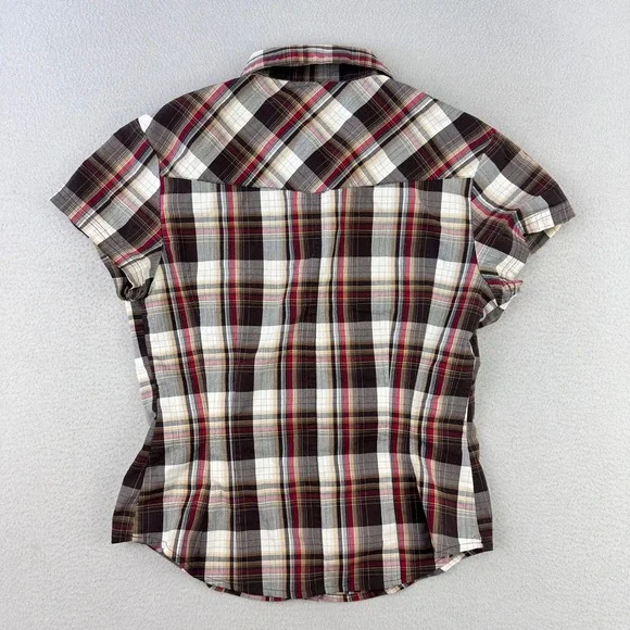 VTG Y2K Pearl Snap Shirt Womens L Brown Plaid Short Sleeve Western - Picture 2 of 7